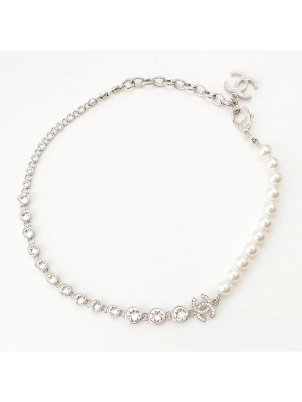 Chanel 24 Pearl Rhinestone Necklace Silver
